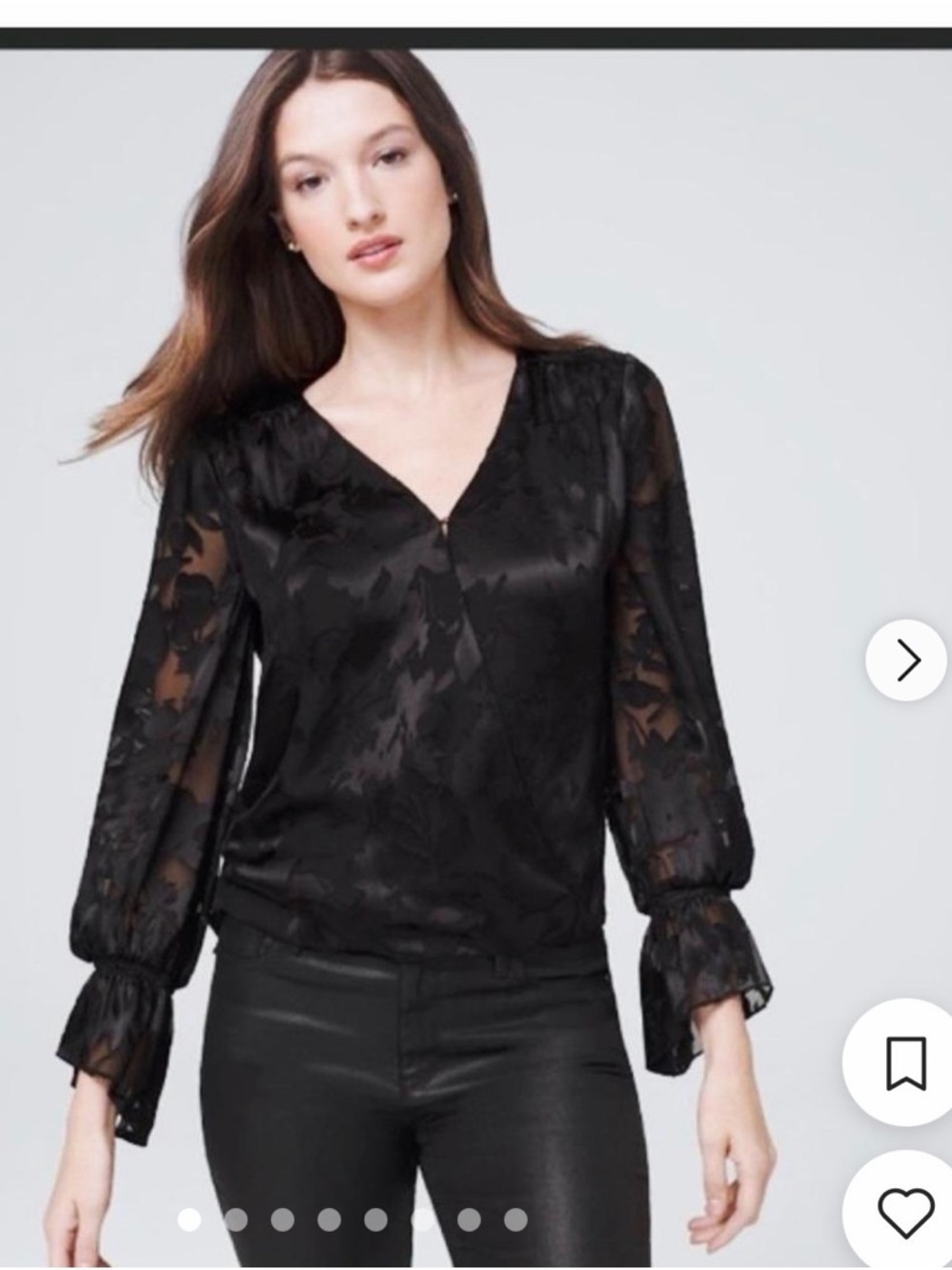 WHBM Black Sheer Floral Burnout StyleV-Neck Blouse, Size 6